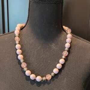 Retro Chunky Beaded Necklace Pale Pink & Silver Barbiecore Boho Vintage 80's